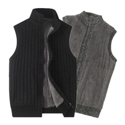 针织开衫男加绒加厚冬季马甲肥佬坎肩加肥加大码绒衣线衫背心外套
