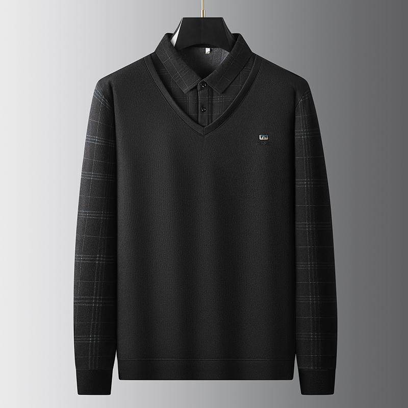 假两件加绒保暖衬衫男毛衣加肥加大码胖子秋冬季格子针织衫长袖潮