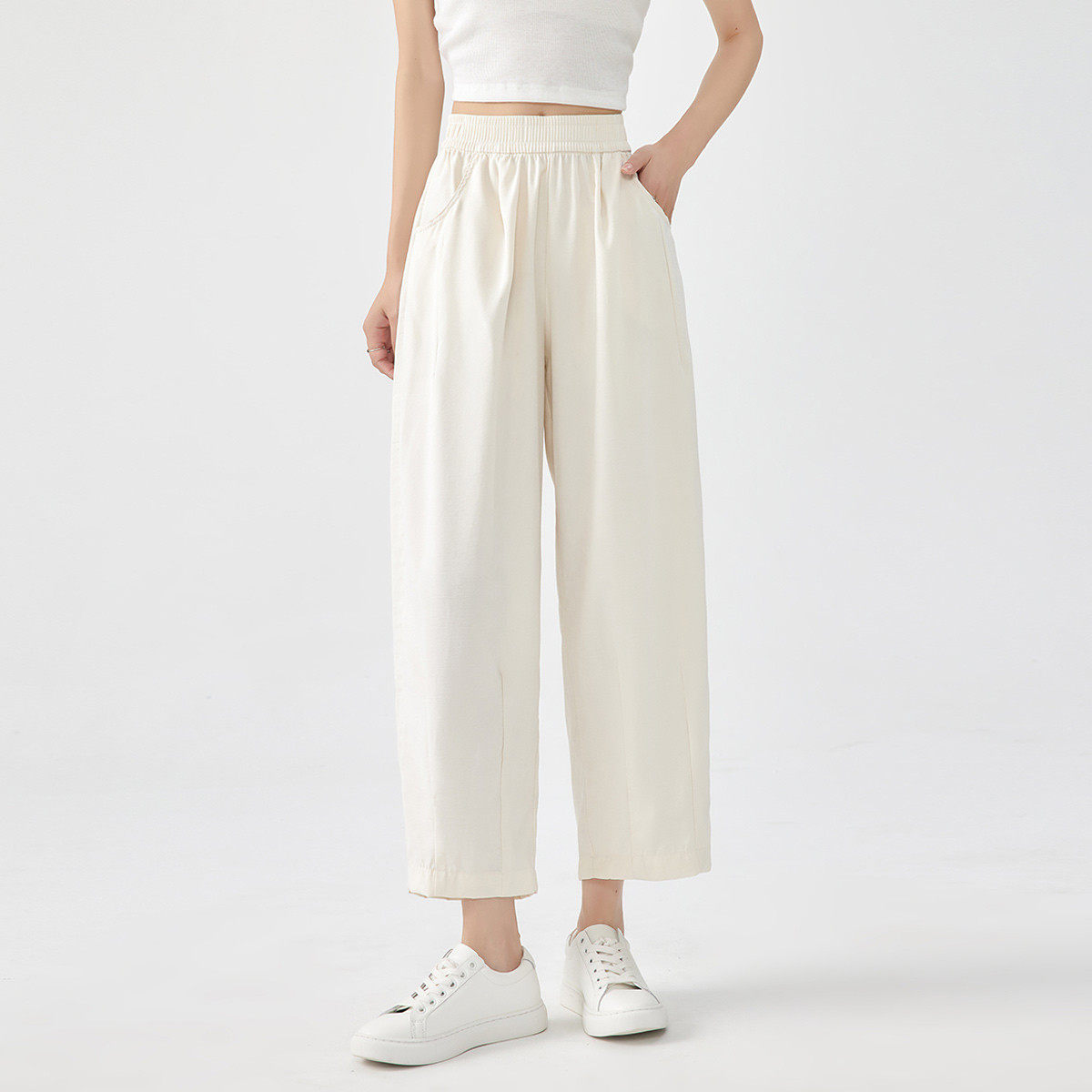 one more冰丝阔腿裤女2025夏季薄款宽松垂感直筒九分裤休