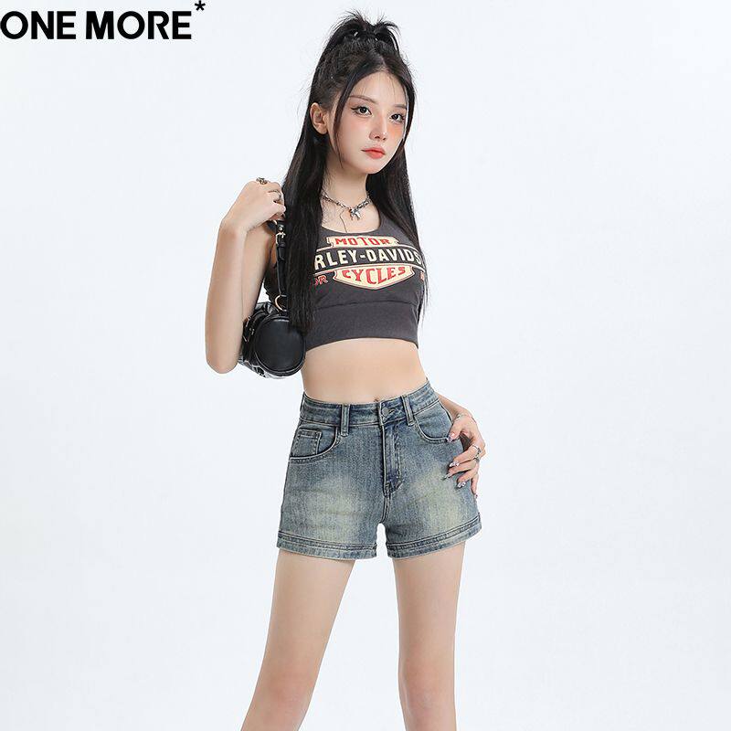 One More辣妹弹力性感高腰牛仔短裤女夏季新款百搭直筒显瘦热