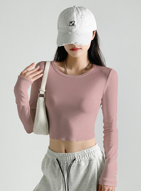 one more美式短款长袖T恤女秋季纯欲风辣妹修身复古圆领显瘦上衣