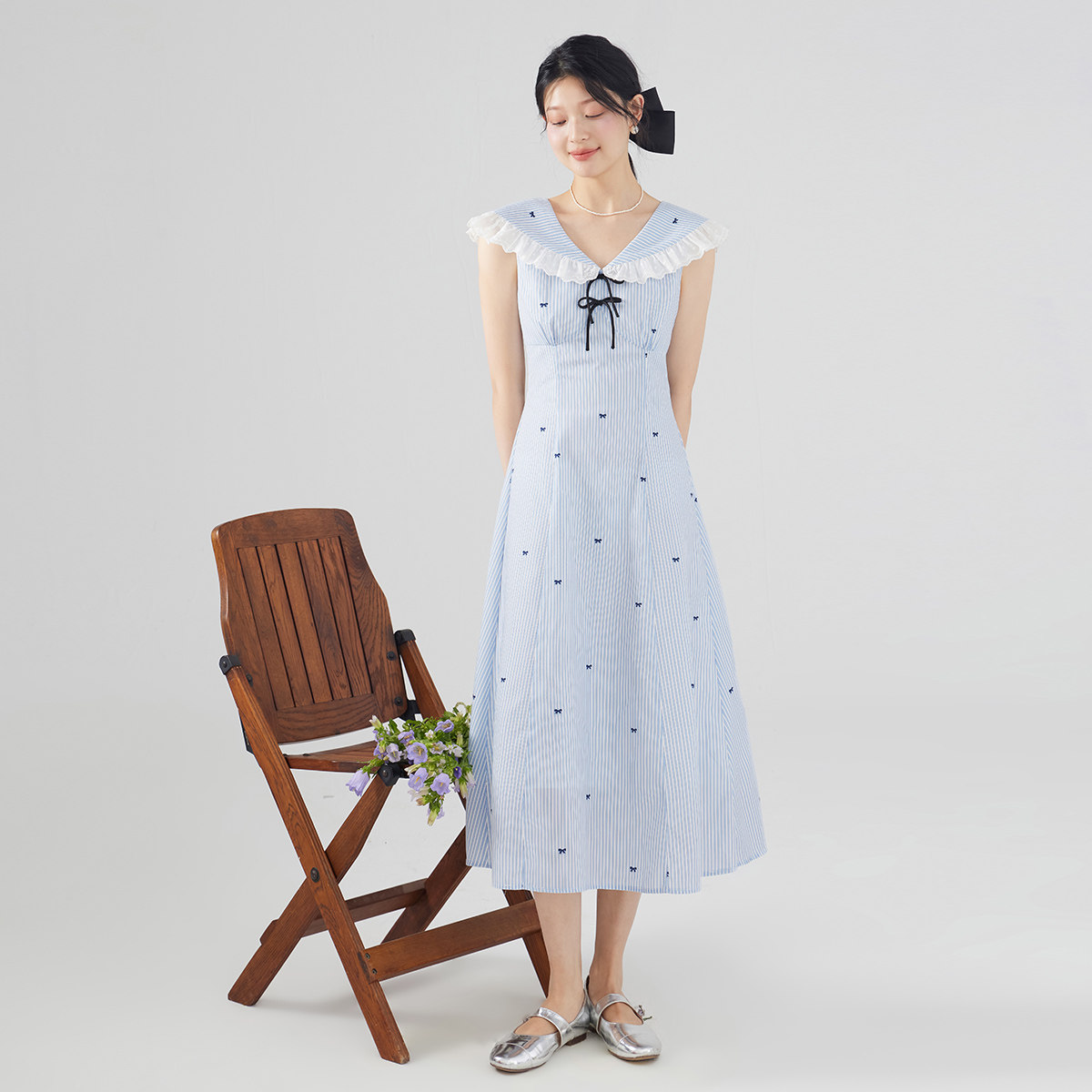 one more2025夏季海军领连衣裙女高级感法式背心裙气质条