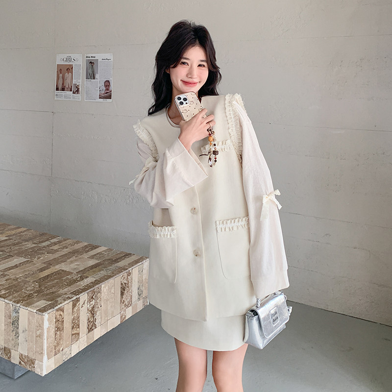 one more米白色小香风马甲套装裙女轻熟优雅风蝴蝶结木耳边三