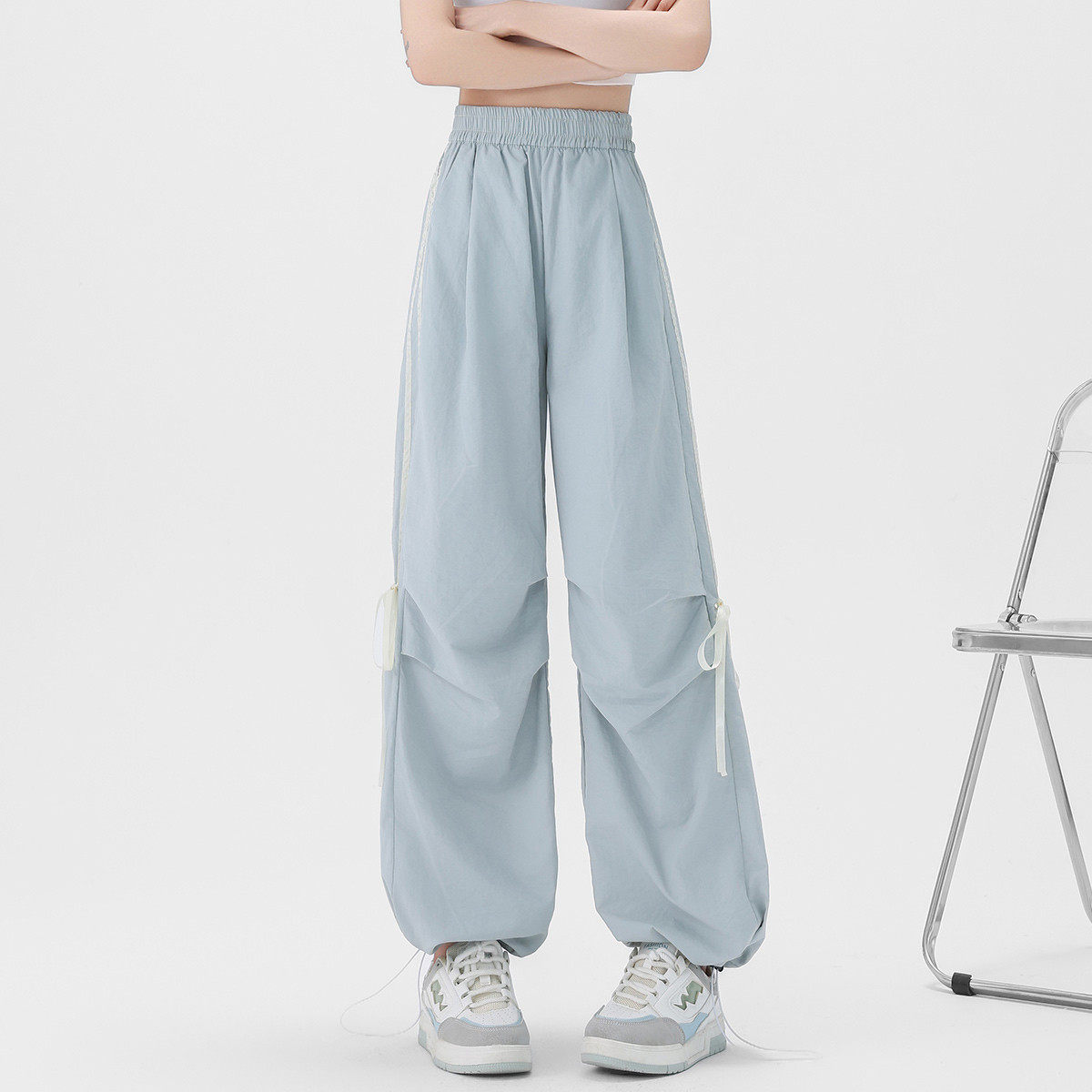 one more时尚工装裤女2025新款高腰降落伞美式蝴蝶结阔腿运动裤,女装/女士精品,休闲裤,淘宝优惠券,粉丝福利购,淘宝优惠卷