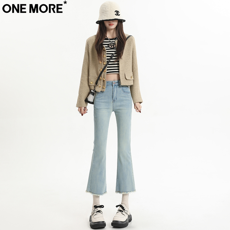 One More九分怀旧微喇牛仔裤女秋季新款弹力显瘦小个子微喇叭裤女