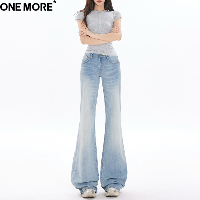 One More美式慵懒低腰微喇牛仔裤女2026春季浅色百搭弹力