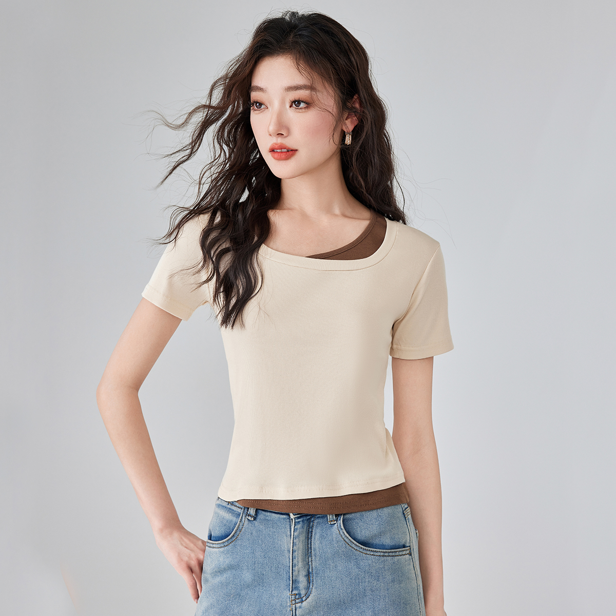 one more甜美风圆领短袖T恤女修身时尚潮流舒适百搭上衣女装