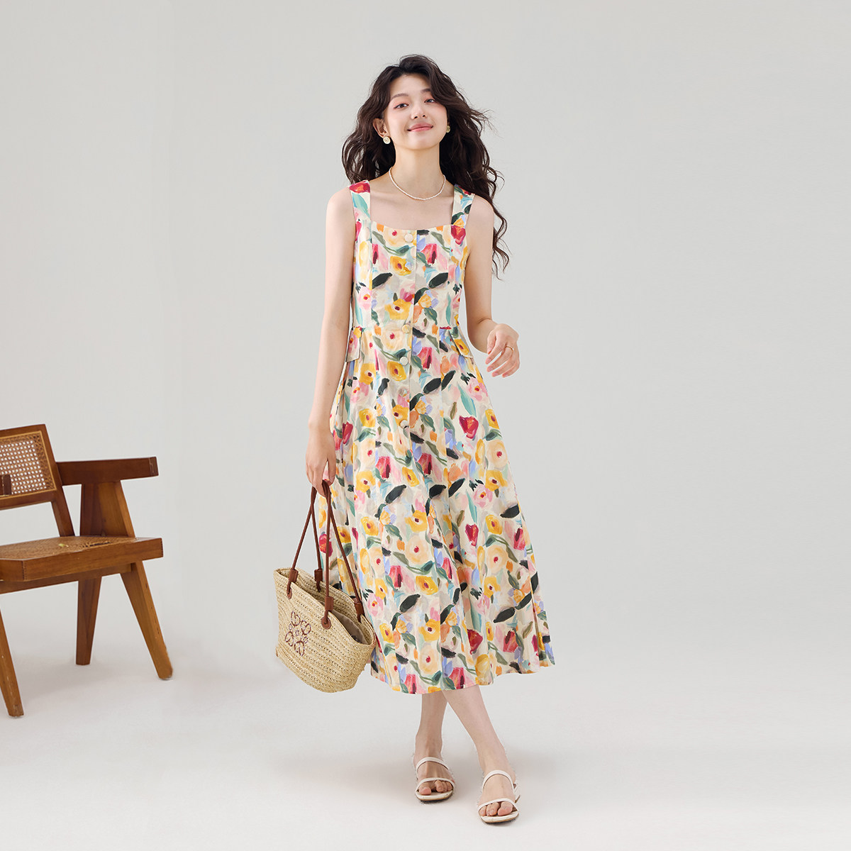 one more2025秋季油画风连衣裙纯棉女法式碎花裙吊带裙气