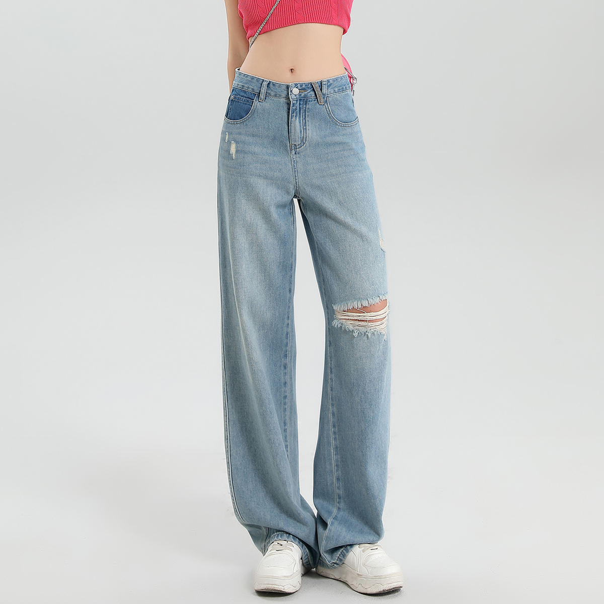 秋季高腰阔腿裤onemore破洞