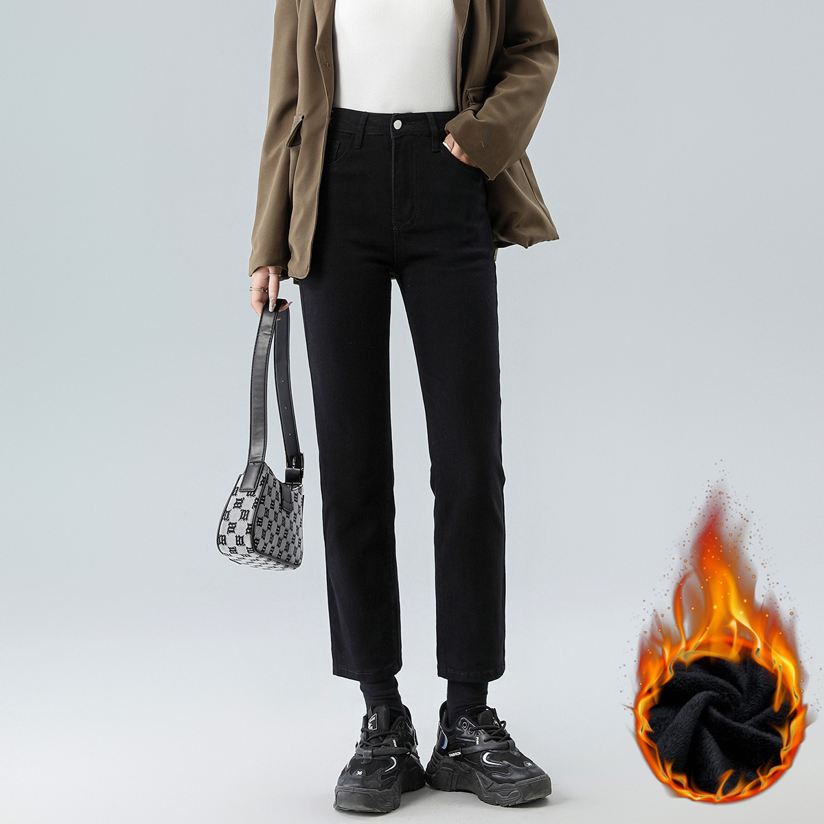 oneMore加绒冬季保暖牛仔裤