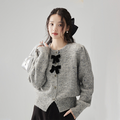 one more2025冬季法式慵懒风蝴蝶结针织外套女长袖宽松气质上衣