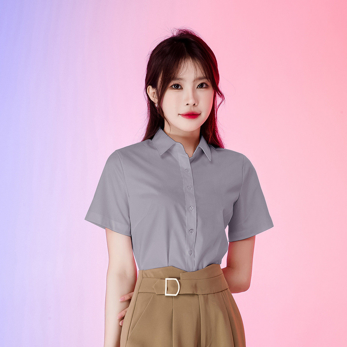 one more灰色方领衬衫女夏2025新款短袖职业工装衬衣薄款