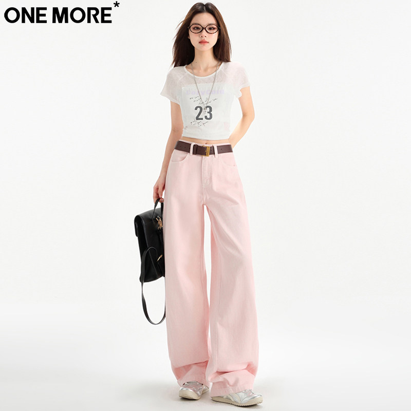 One More小众藕粉拼接阔腿牛仔裤女秋季新款宽松显瘦直筒拖地