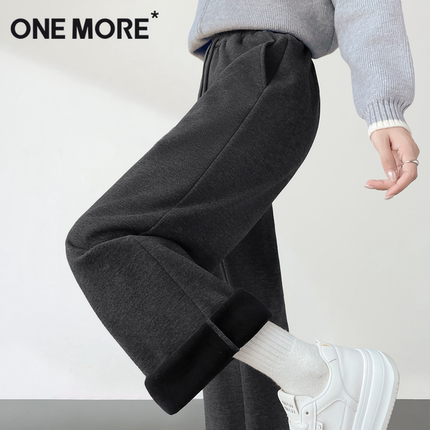 one more加绒糯米裤女士冬季2025新款深灰色卫裤人字纹阔腿裤子Y