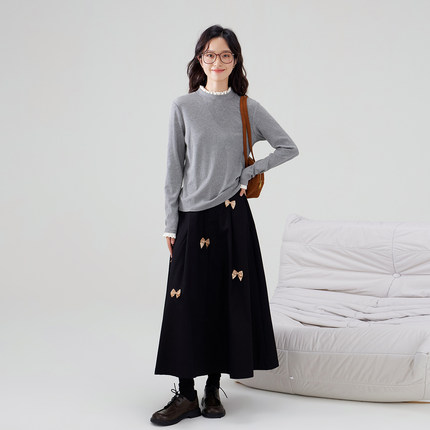 one more秋冬高级感法式蝴蝶结a字半身裙女休闲裙子显瘦纯棉半裙