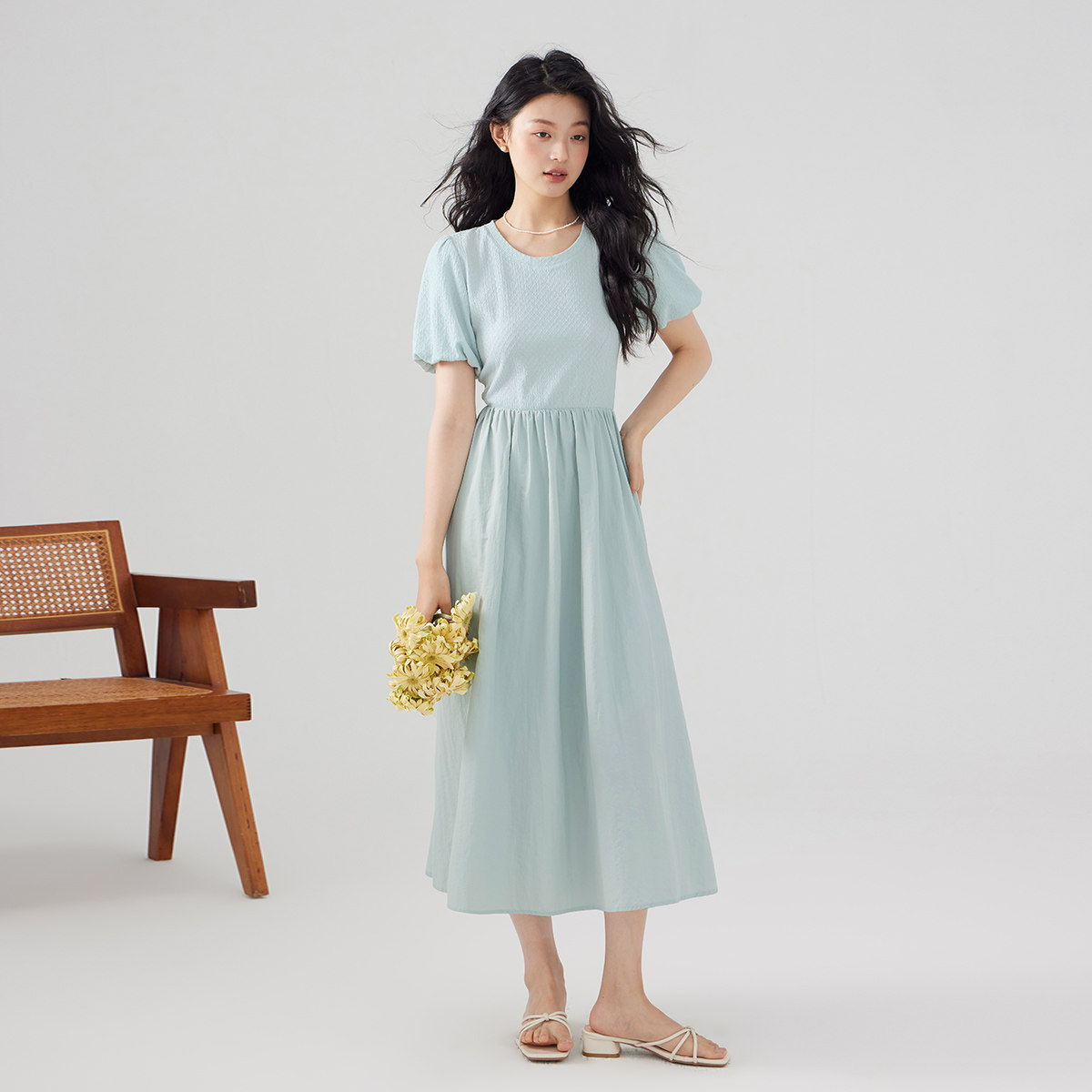 one more2025夏季休闲拼接短袖连衣裙女高级感法式泡泡袖收腰裙子,女装/女士精品,连衣裙,淘宝优惠券,粉丝福利购,淘宝优惠卷