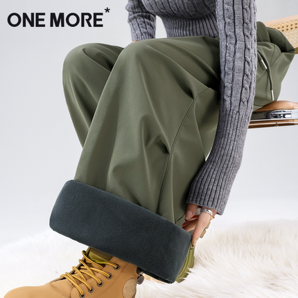 one more加绒工装裤女冬季加厚裤子2025新款高腰绿色阔腿伞兵裤Y