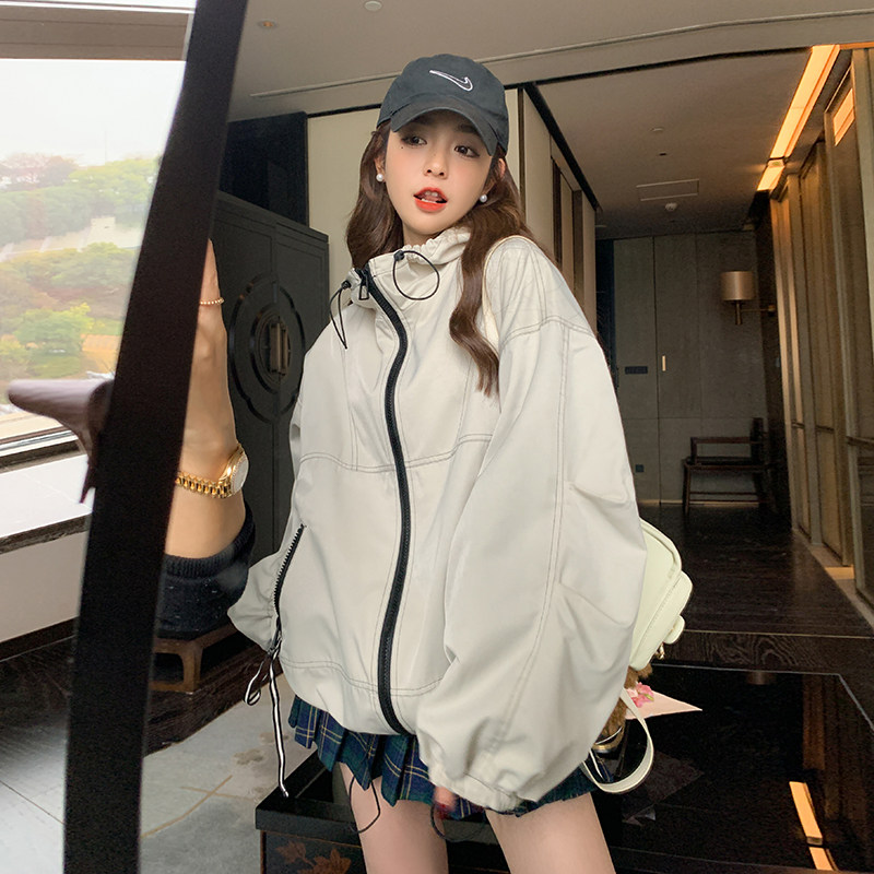 one more26年春秋韩版宽松落肩袖连帽夹克女设计感休闲百搭