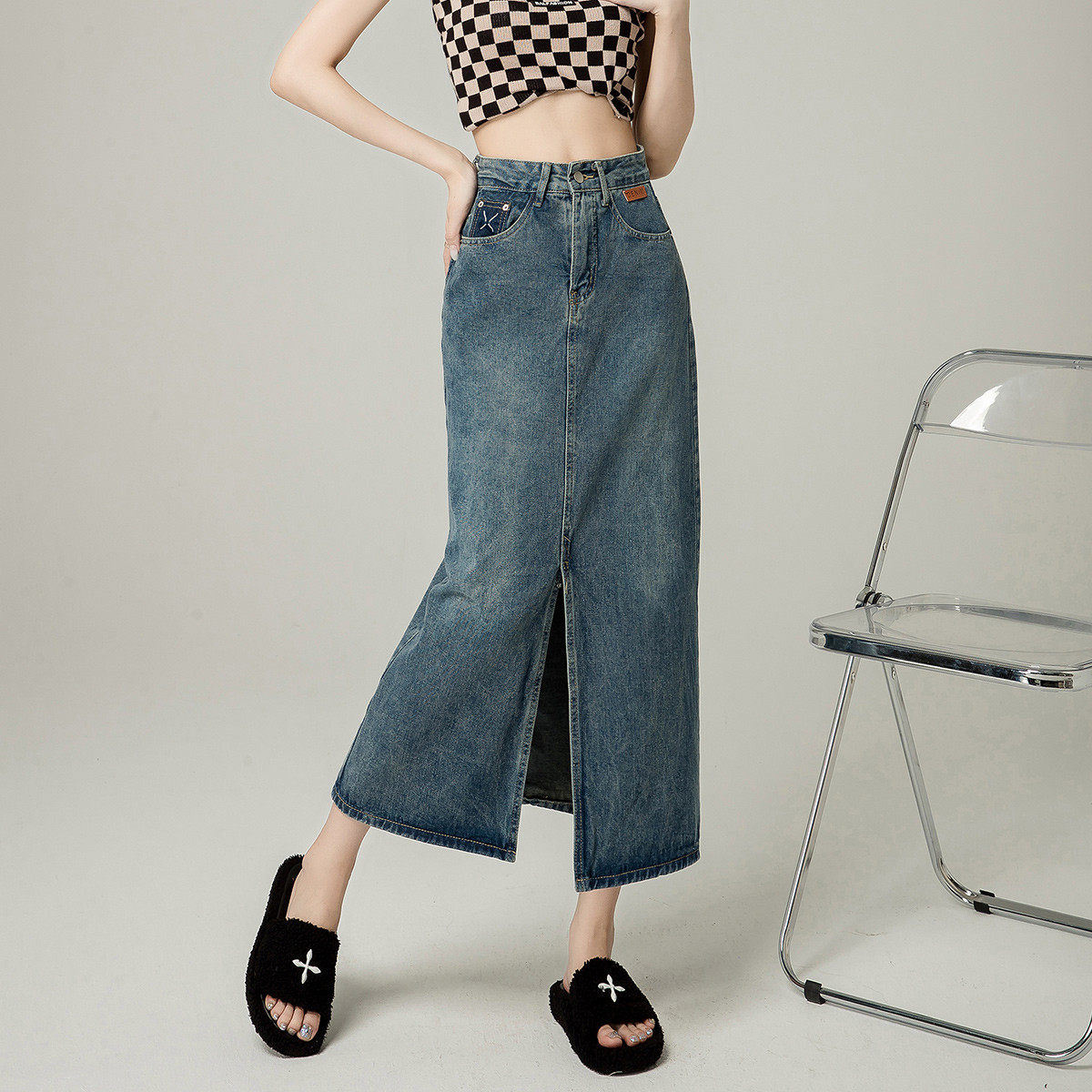 one more高腰开叉牛仔半身裙女秋季新款复古a字中长款遮胯包