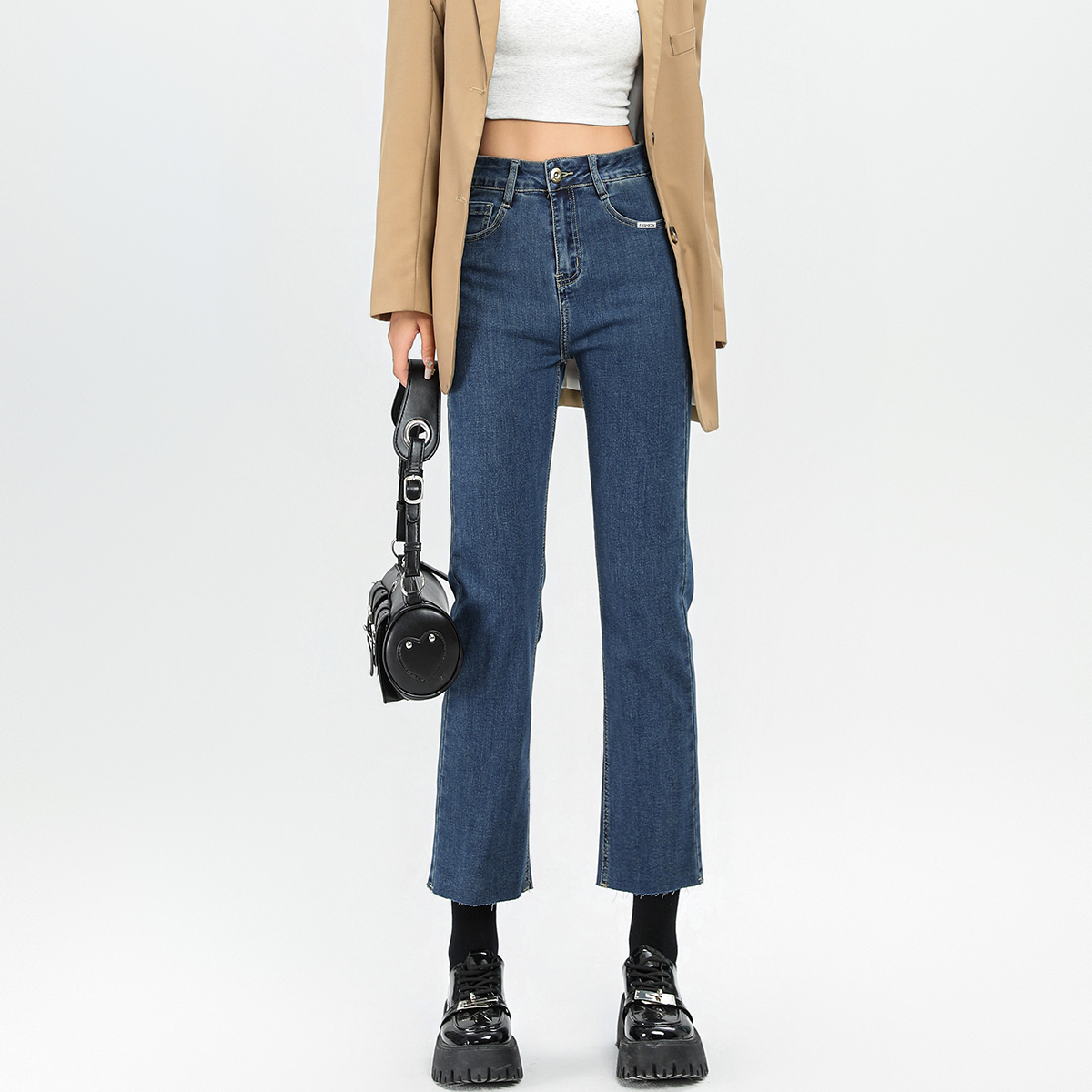 onemore直筒九分高腰加绒牛仔裤