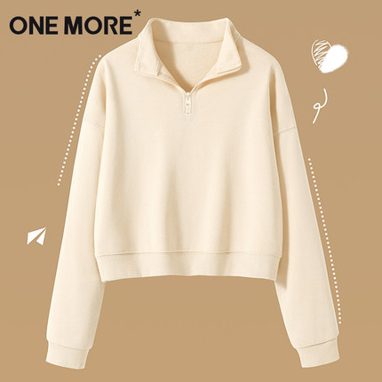 one more短款卫衣女2025新款秋季流行风格半拉链慵懒风白色外套X