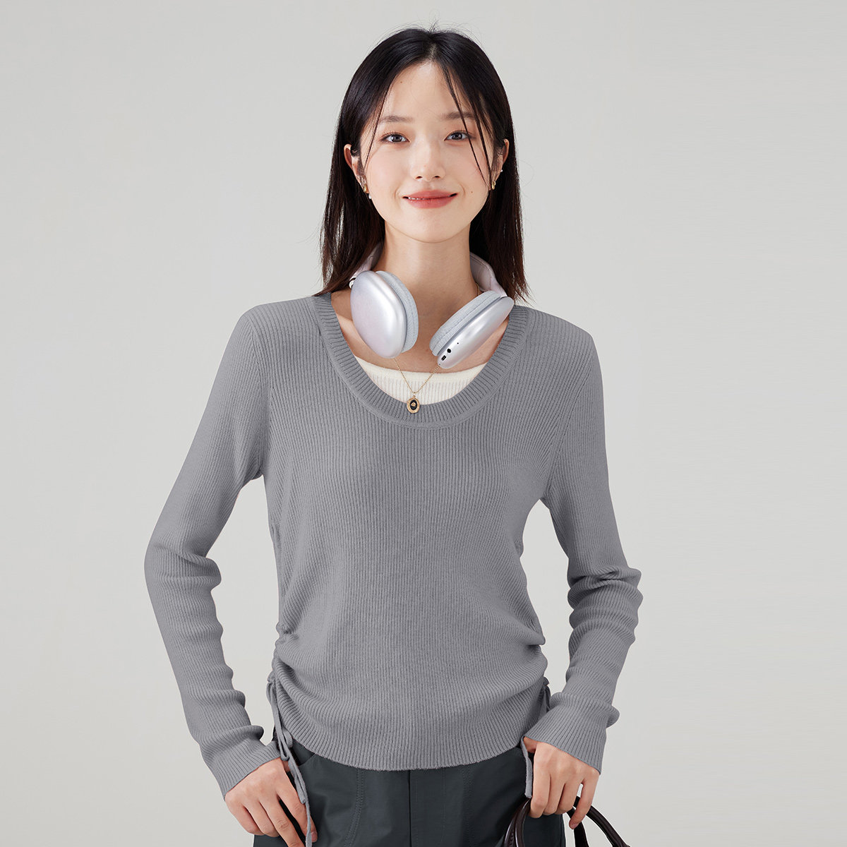 26年春季高级感洋气内搭打底针织毛衣女圆领假两件抽绳长袖上衣