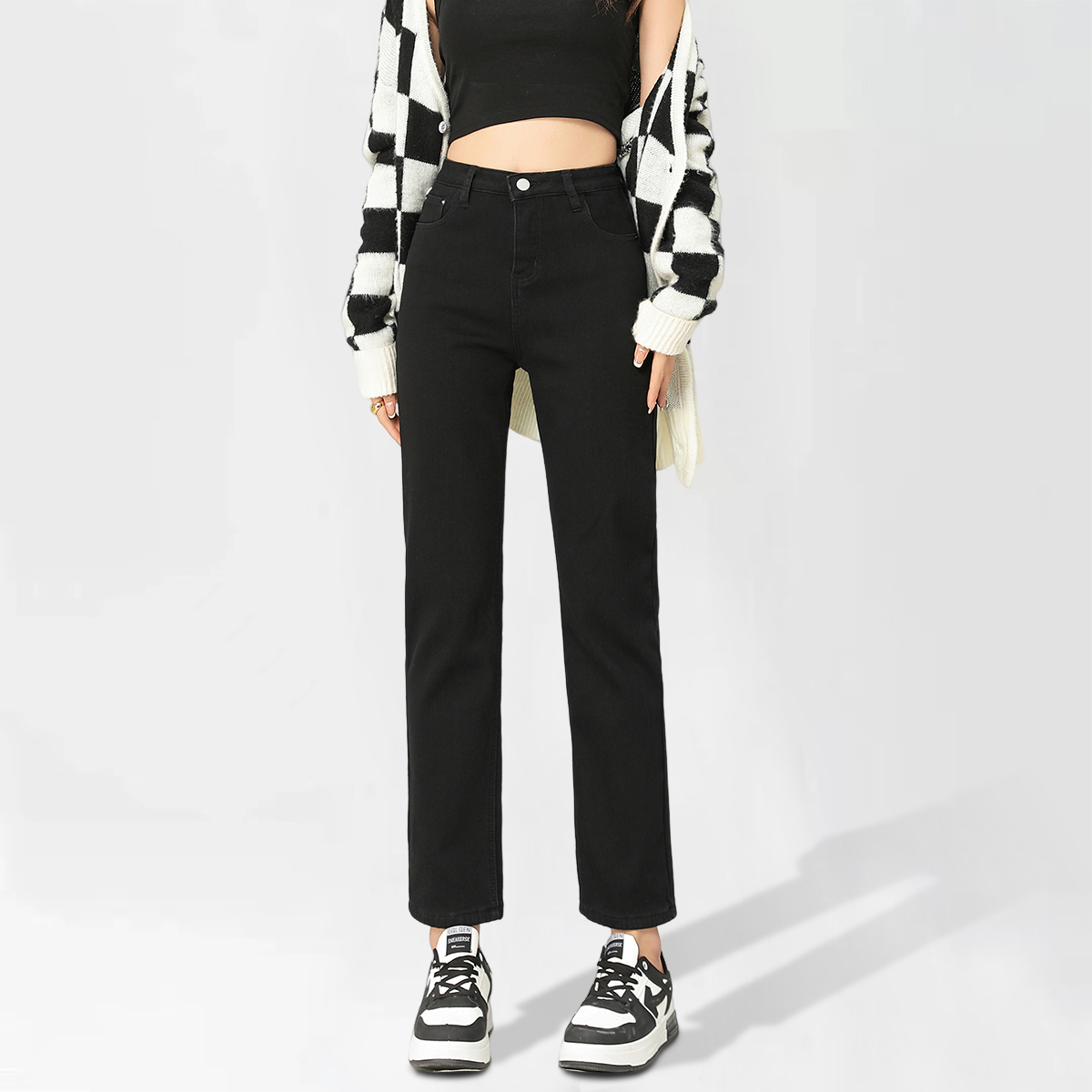 onemore直筒九分裤纯色高腰牛仔