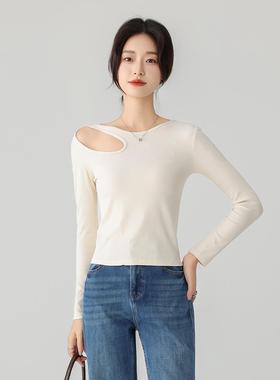 one more纯色镂空圆领打底衫2025新款内搭设计感修身t恤长袖上衣