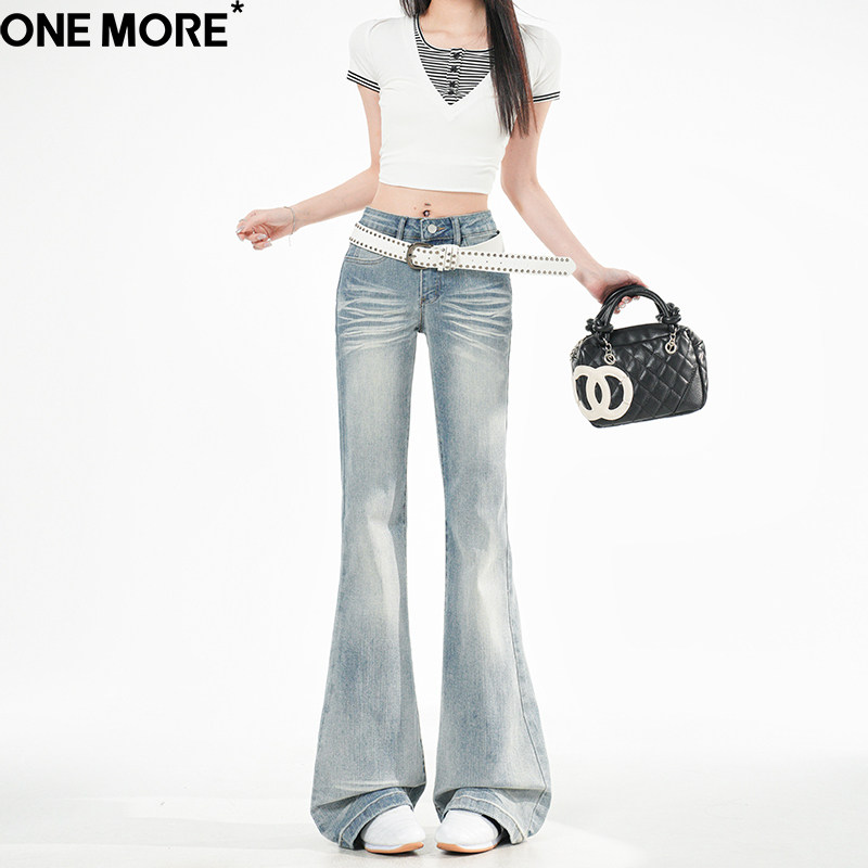 One More美式浅色系低腰微喇牛仔裤女2026春季新款弹力紧