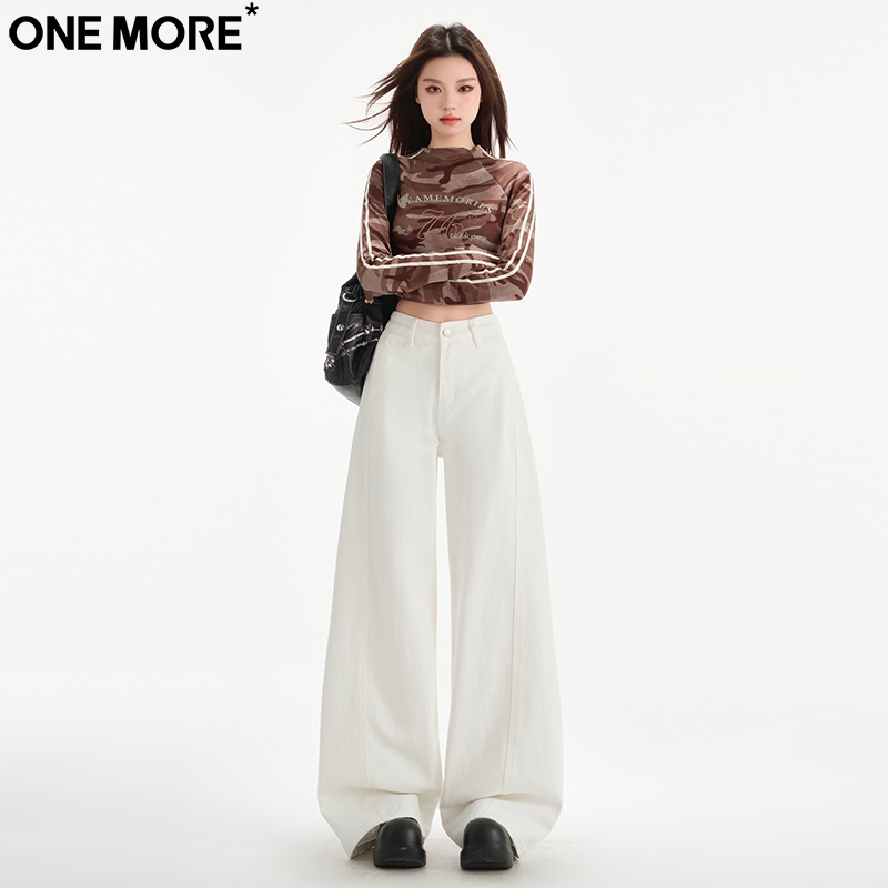 One More美式慵懒风白色牛仔裤女夏季薄款直筒宽松垂感拖地阔腿裤