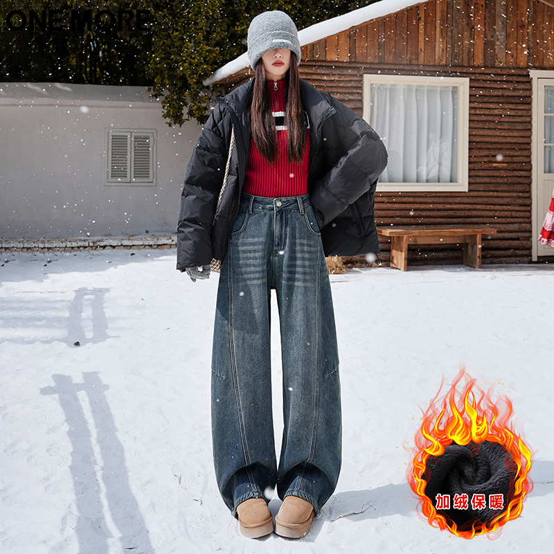 高街复古阔腿加绒牛仔裤女