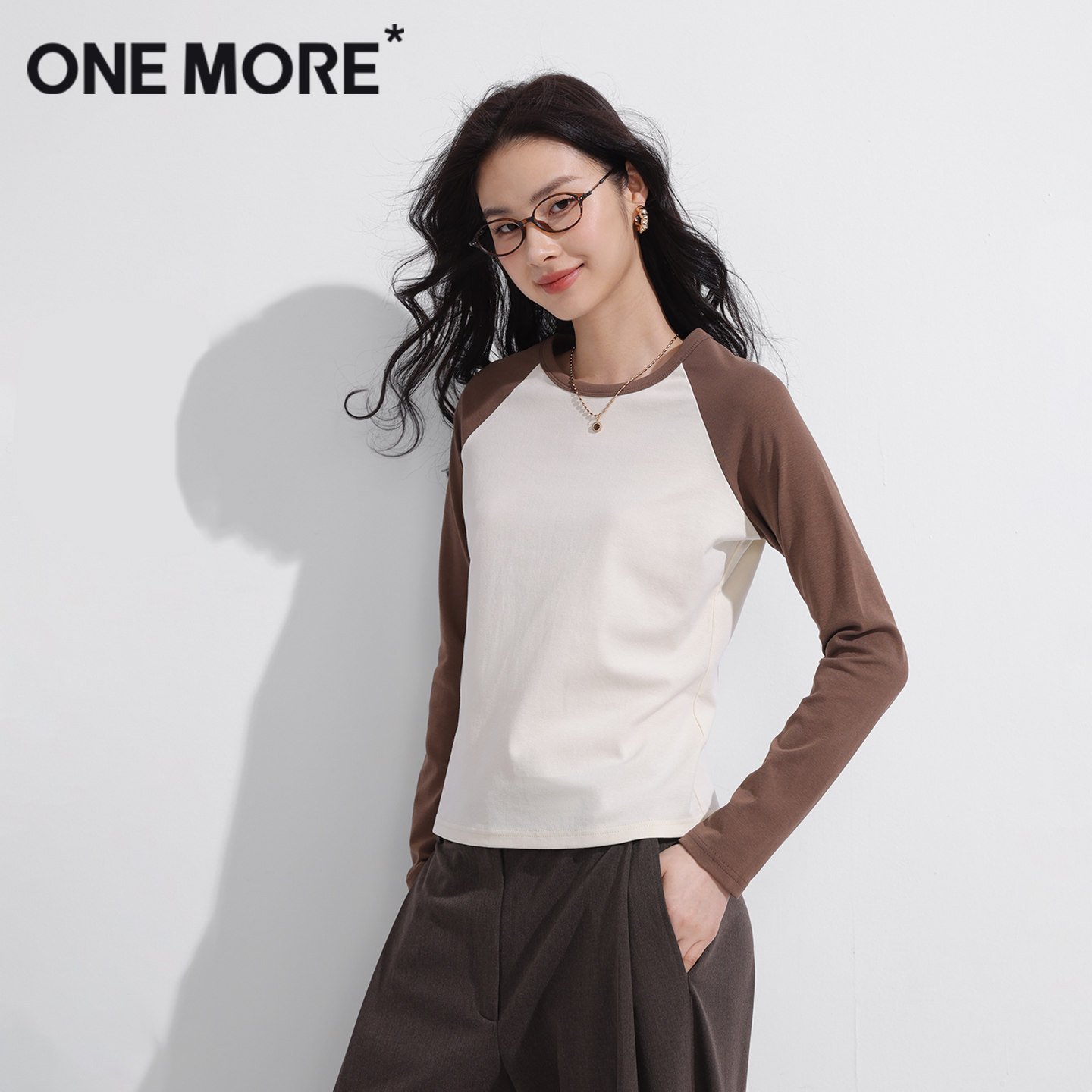 onemore撞色插肩长袖t恤