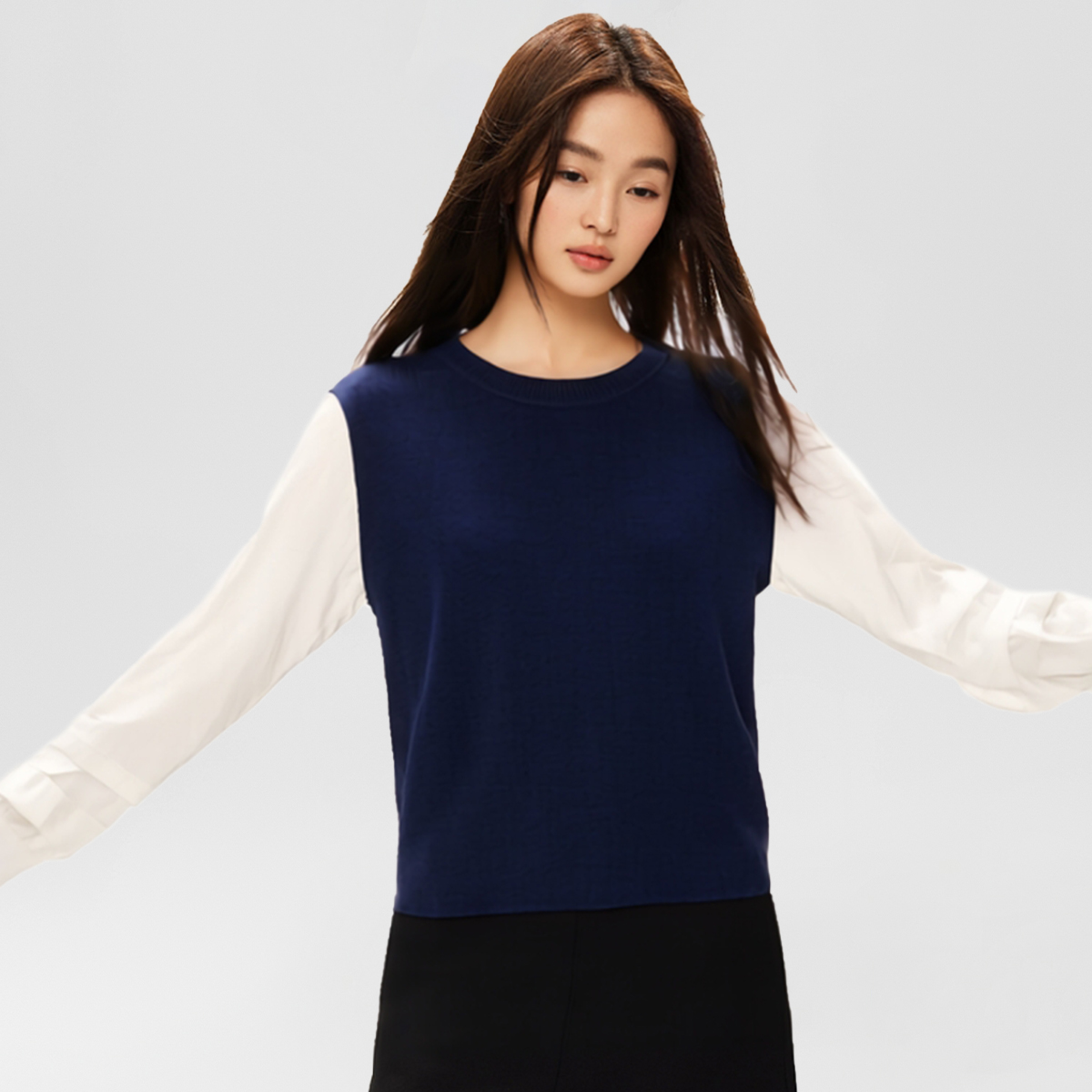 圆领新款拼接长袖针织衫女