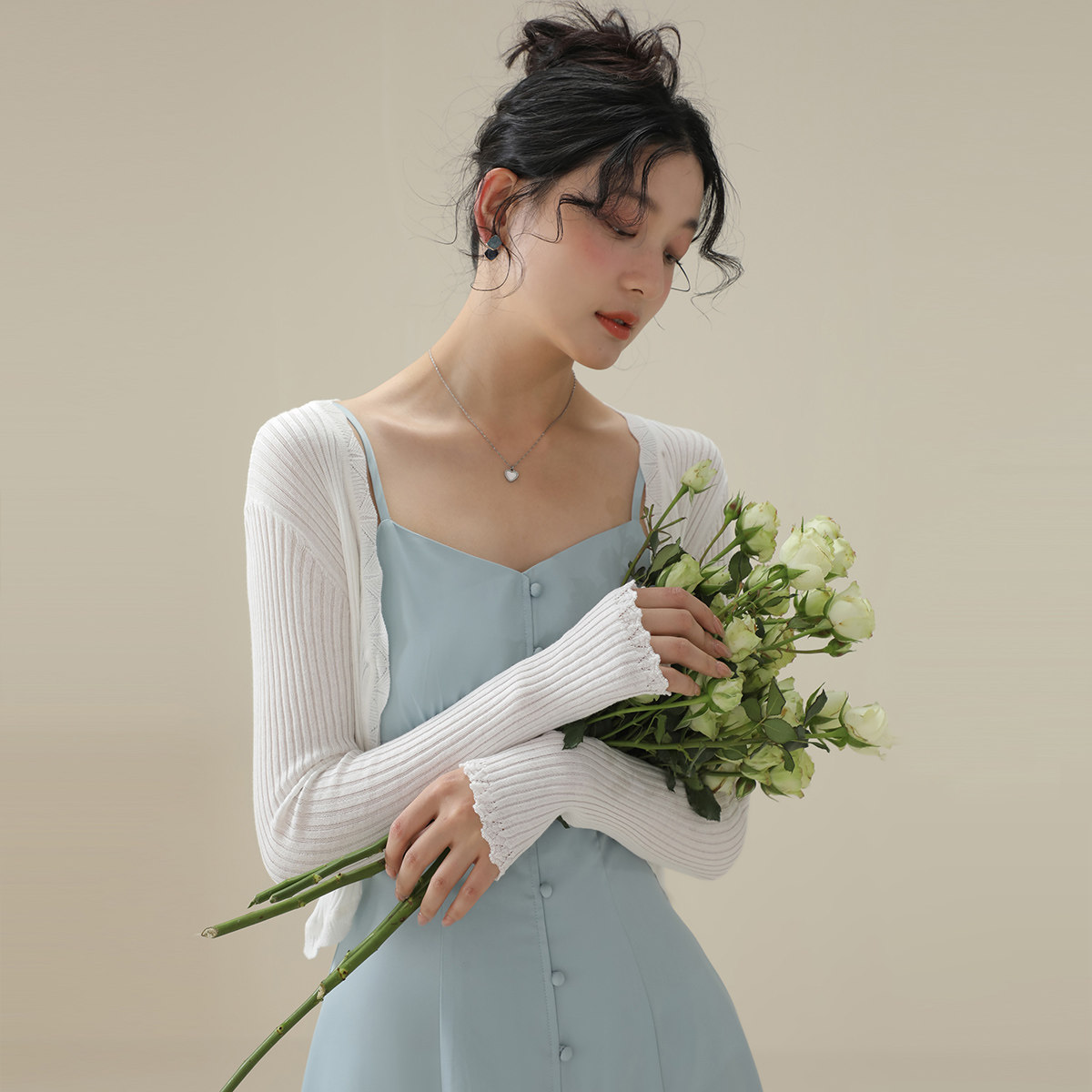 one more法式天丝棉针织衫长袖开衫夏新款外套女披肩外搭罩衫