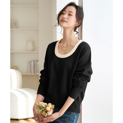 onemore韩系大U领拼色针织衫女