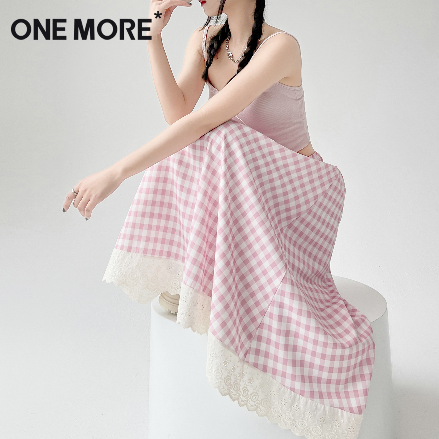 onemore格纹蕾丝半身裙