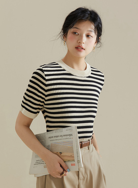 one more2025夏季新针织衫短袖t恤女拼色法式条纹小衫上衣高级女