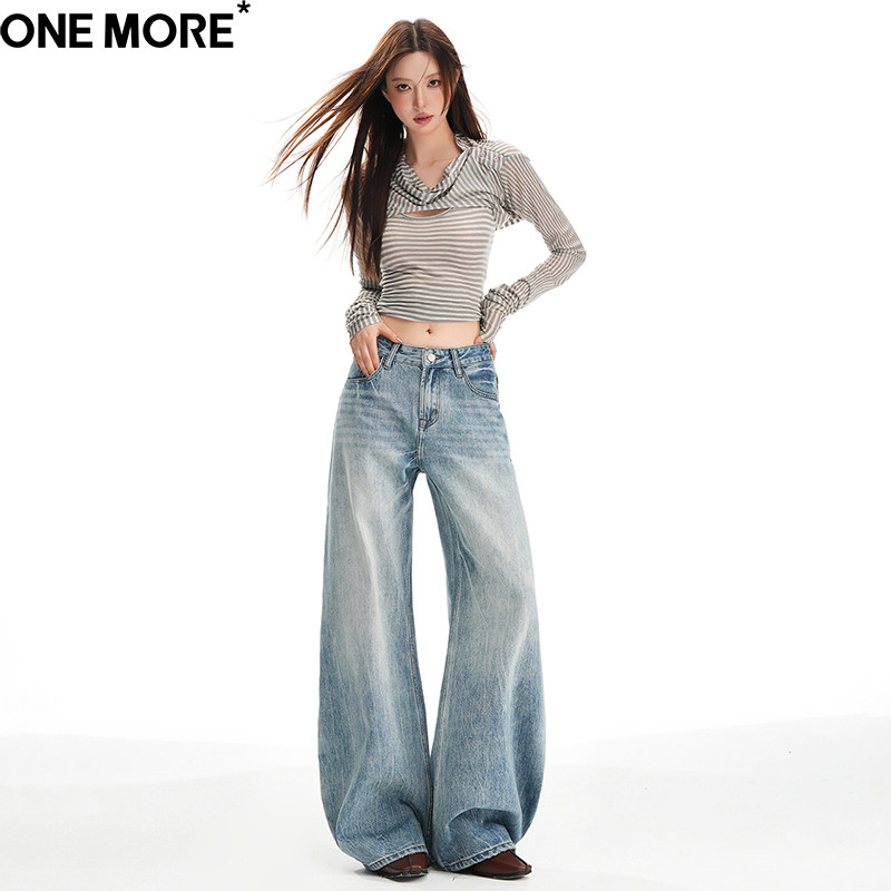 One More美式重工水洗阔腿牛仔裤女春季新款复古宽松直筒拖地裤子,女装/女士精品,牛仔裤,淘宝优惠券,粉丝福利购,淘宝优惠卷