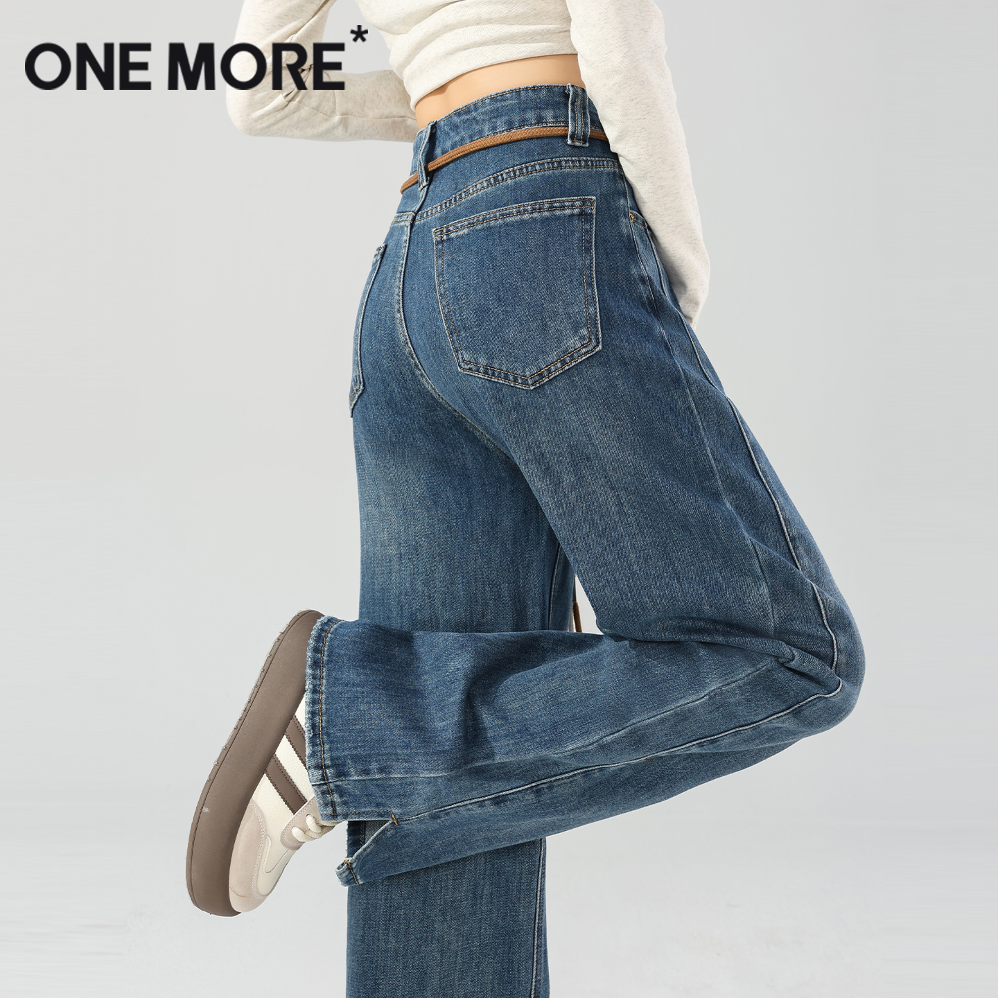 onemore腰绳分割牛仔裤