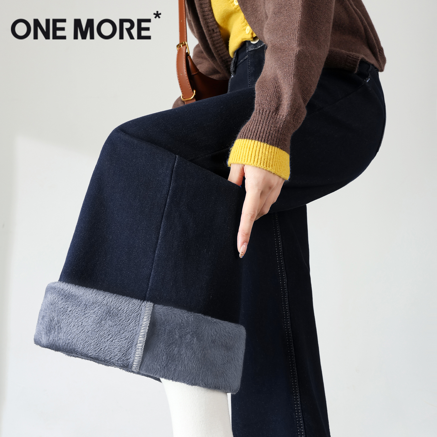 onemore加绒直筒牛仔裤