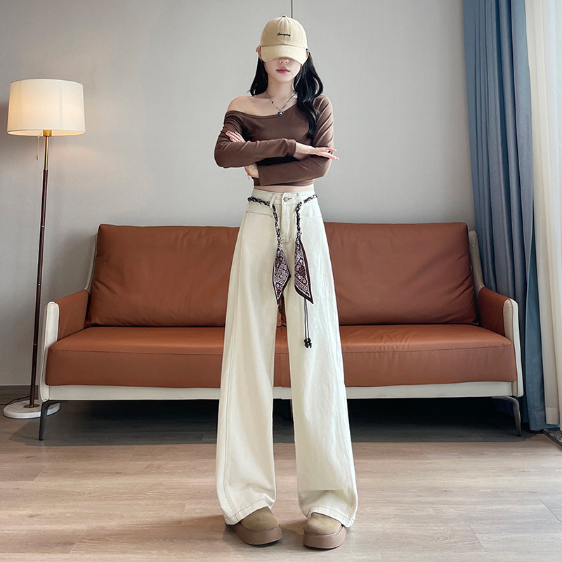 one more秋季新款高腰丝巾休闲百搭女宽松显瘦拖地微喇牛仔裤,女装/女士精品,牛仔裤,淘宝优惠券,粉丝福利购,淘宝优惠卷