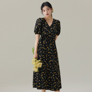 more短袖 泡泡袖 碎花连衣裙女2025夏季 法式 雪纺裙气质裙子 新款 one