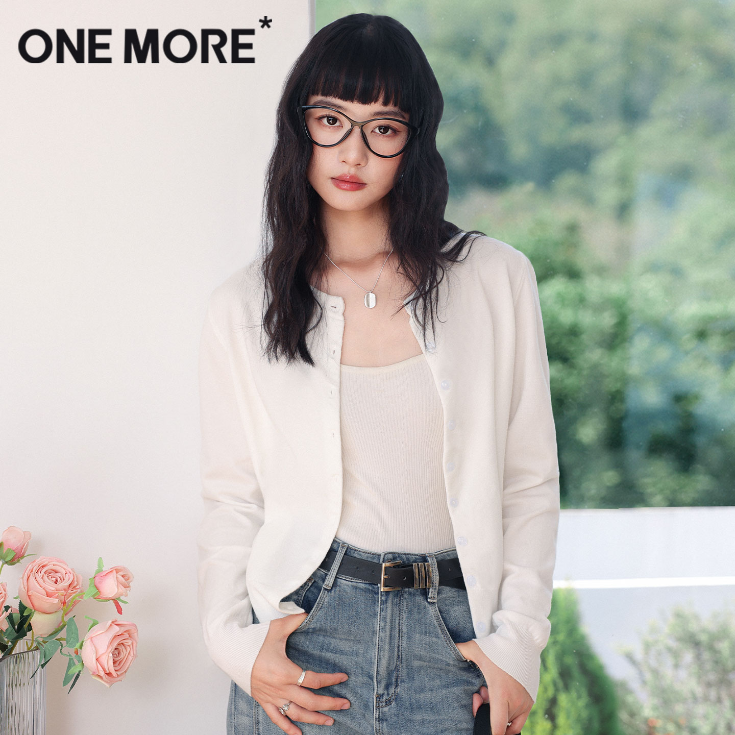 onemore纯色圆领长袖针织开衫