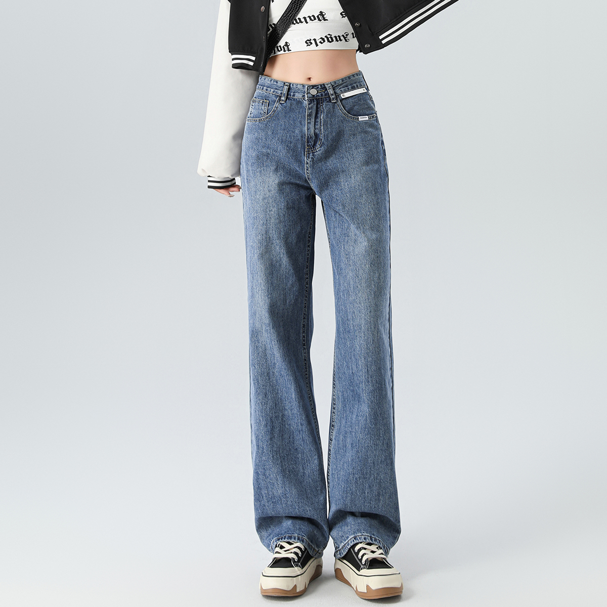 one more宽松阔腿牛仔裤女2025春秋显瘦新款高腰牛仔长裤女窄版裤