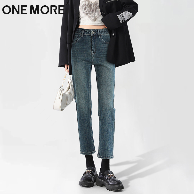 one more潮流女式牛仔裤修身2025新款通勤时尚小个子直筒九分裤