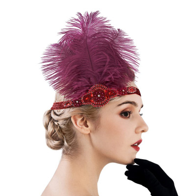复古晚宴会年会化妆派对发饰 1920S酒红色羽毛头饰模特舞台演出