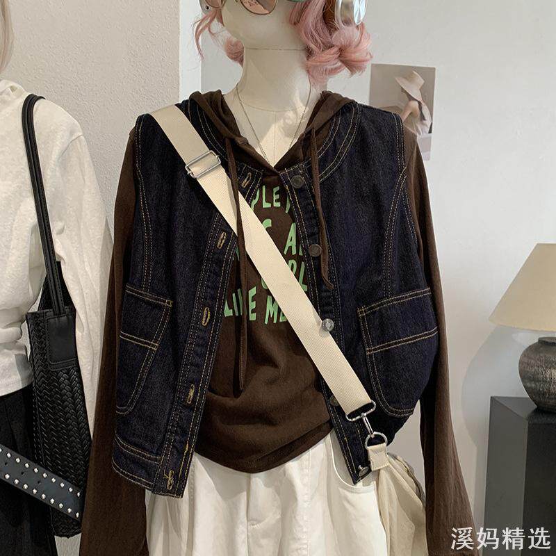 复古港风牛仔撞色无袖马甲