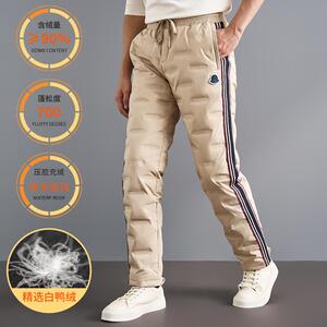 冬季加厚户外防风防水保暖裤白鸭绒长裤男织带拼接直筒羽绒裤外穿