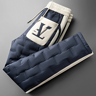 冬季弹力防水加厚御寒保暖裤男士直筒休闲裤撞色拼接户外裤羽绒裤