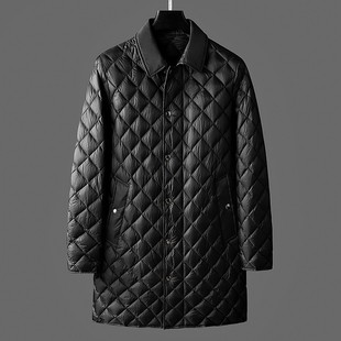 冬季轻奢时尚轻薄保暖中长款羽绒服男 男士菱形格翻领白鸭绒外套